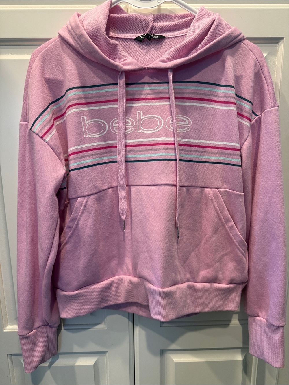 bebe Pink Hooded Sweatshirt with Multi-Stripe Detail
